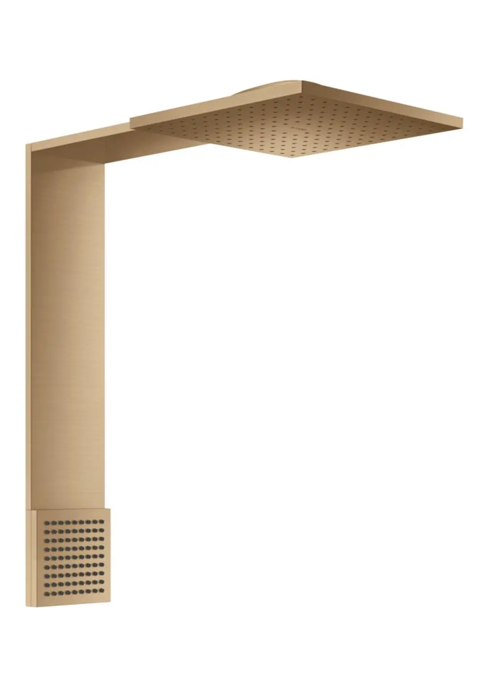 Brausesmodul von AXOR mit quadratischem Kopf und seitlichem Auslass. Die Oberfläche ist in gebürstetem Bronze-Finish gehalten.